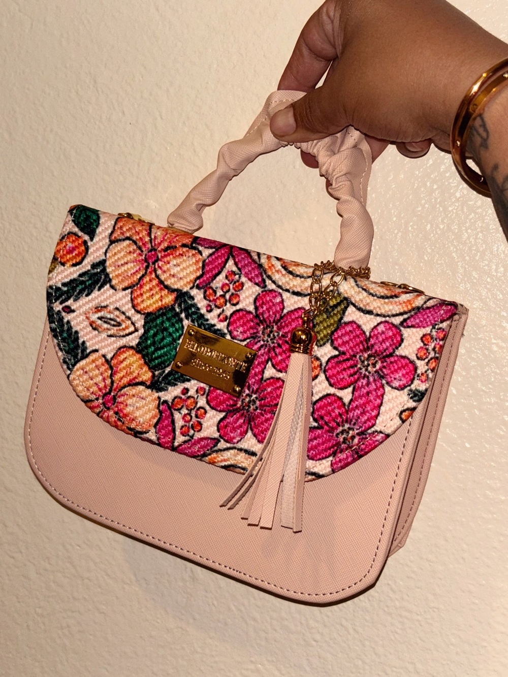 Pink Floral Embroidered Top-Handle Satchel - Unknown Brand